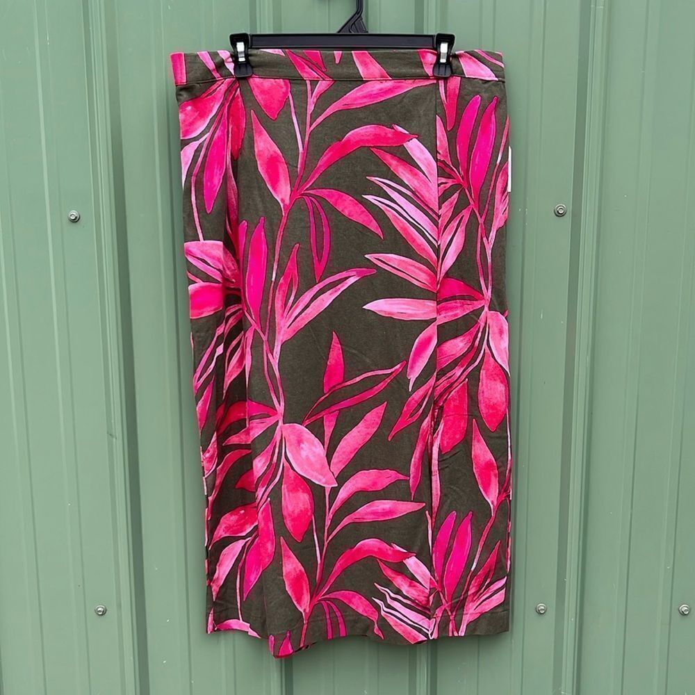 Women's Hawaiian Tropical Print Linen-Blend Slip Skirt with Side Slit, Size XL